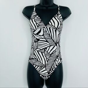 Splendid‎ V neck cross tie back one piece swimsuit black white women's size XS
